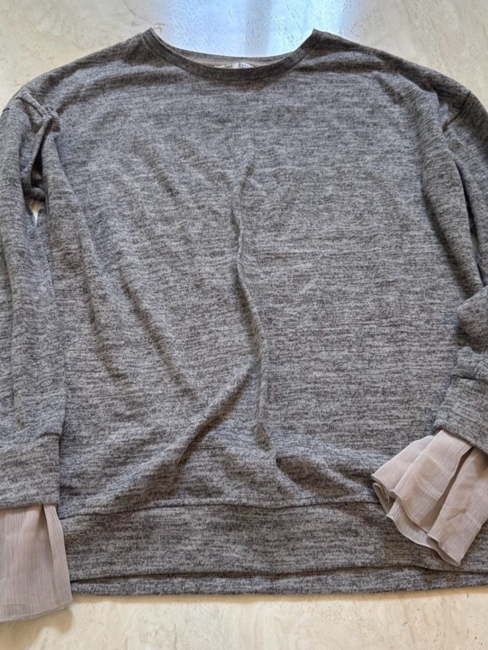 Zara Gray Crewneck Sweater with Sheer Ruffle Cuffs